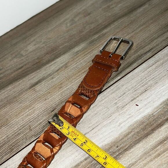 Embossed Leather Woven Belt Women Medium/Large Brown Silver Buckle Classic Retro - Picture 5 of 7